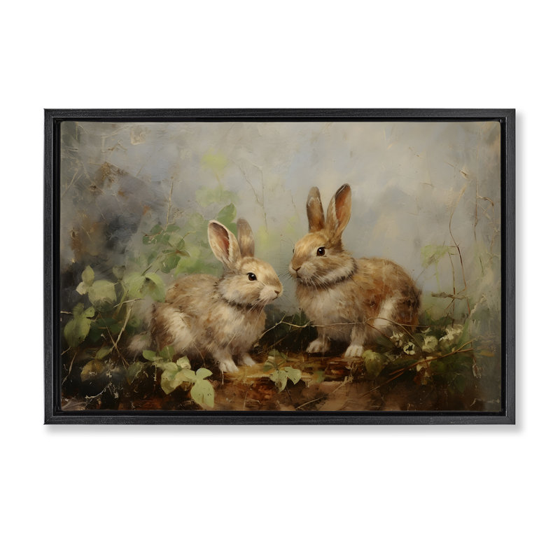 «Wild Rabbits in Nature», toile flottante encadrée par Petal Prints Design, Cadre flottant noir de jais, H 17 po x l 25 po