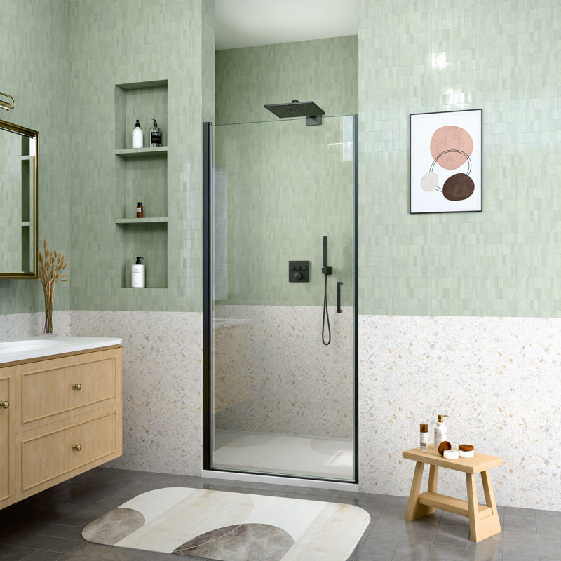 Porte de douche circulaire semi-sans cadre l 34 po x H 72 po avec verre trempé de 0,5 po d'épaisseur (6 mm), Noir mat