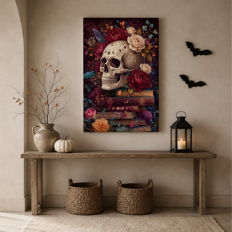 Art mural sur toile, crâne céleste sur livres rétro et phases de lune, H 48 po x l 36 po