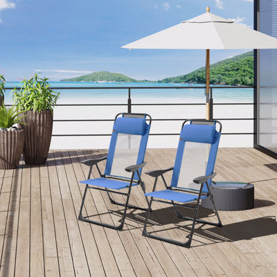 Ensemble de 2 chaises de patio pliantes, chaise longue d'extérieur à dossier réglable, chaise de camping avec appui-tête amovible pour le jardin, la cour, la pelouse, bleu