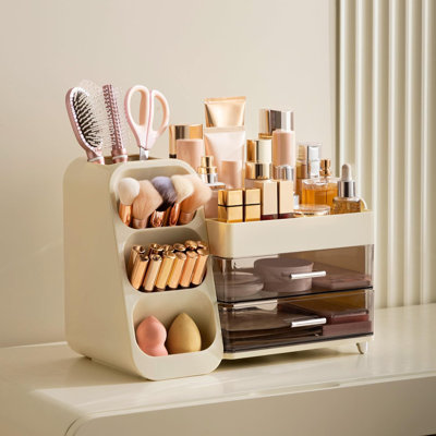 Organisateur de maquillage en plastique beige, grand meuble-lavabo avec porte-brosse