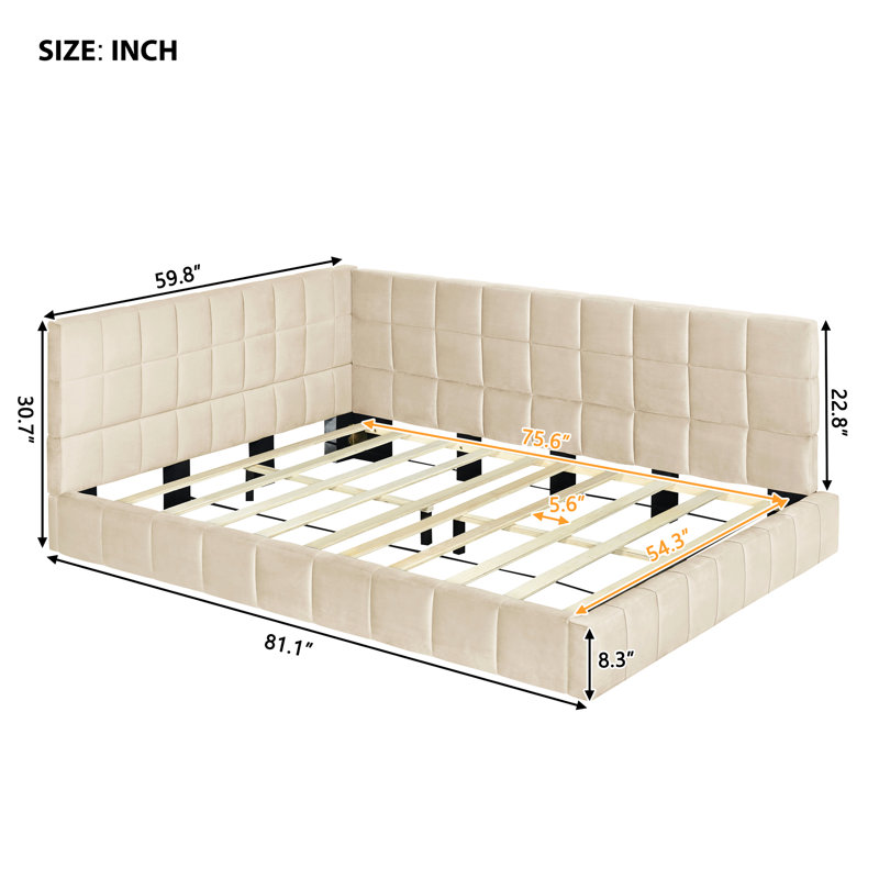 Lit de jour beige rembourré pleine grandeur - Style classique moderne, rehausse la chambre à coucher, avec élégance en velours de lattes, s'adapte à la chambre à coucher, support