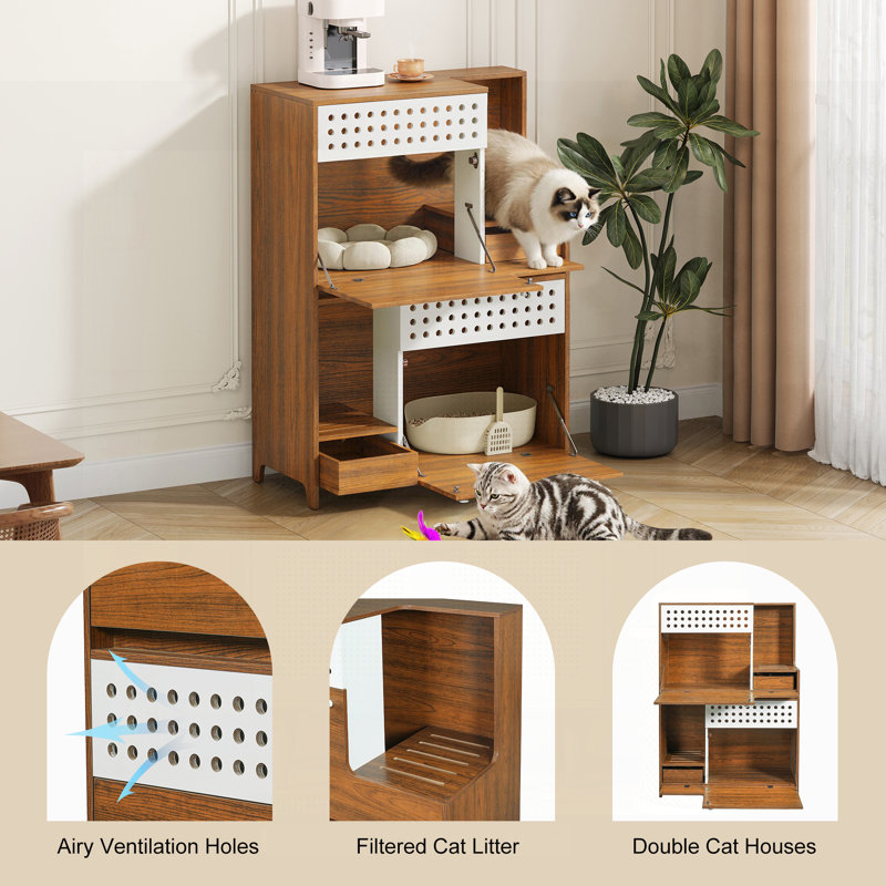 Ensemble de meubles pour chat 2 pièces, bac à litière et table d'appoint avec rangement, pour 2 petits et moyens chats, Brun