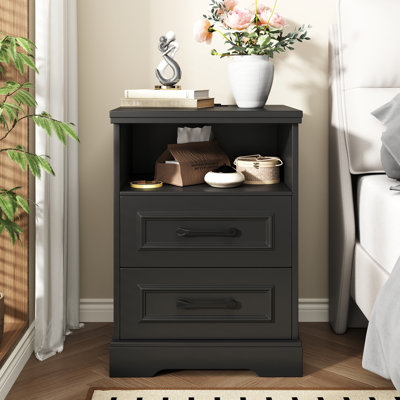 Farmhouse 2-Drawer Nightstand with Charging Station and Open Storage Shelf, 17.7" W