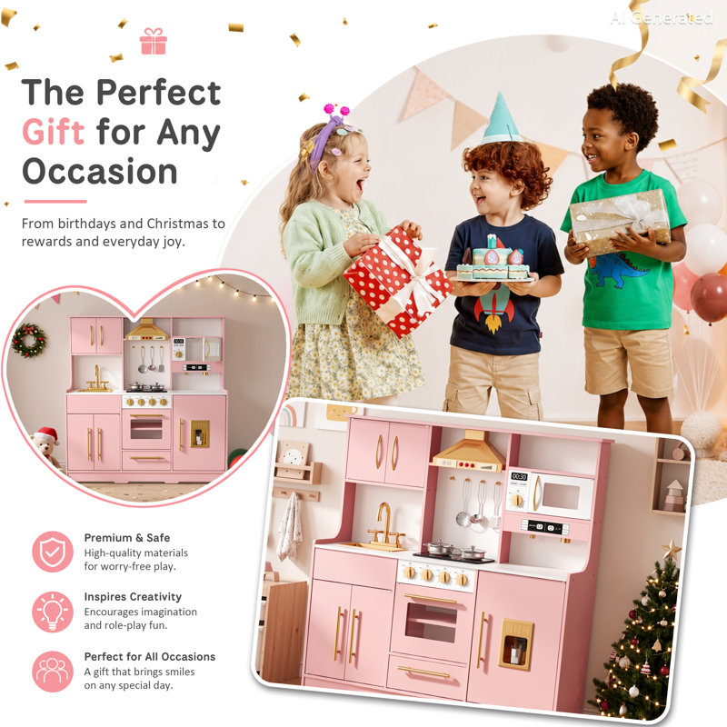 Wooden Kids Play Kitchen, Toy Kitchen Playset for Toddler, Realistic Kitchen Sets w/Lights & Sounds, Gift for Boys Girls Age 3+