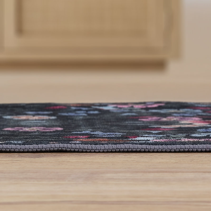 Primrose Art Nouveau Floral Border Machine-Washable Rug, Rectangle 5' x 8', Dark Green/Multi