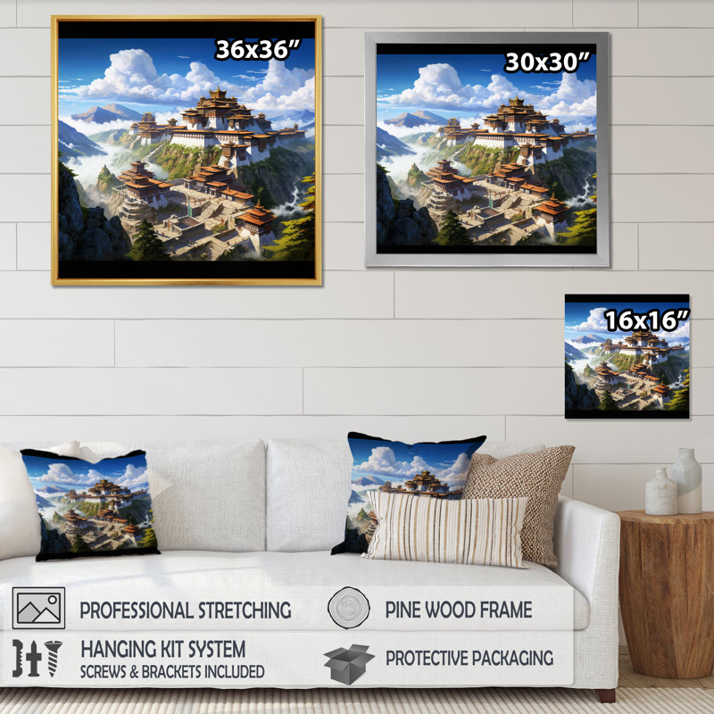 Art asiatique, monastère tibétain I sur toile, H 30 po x l 30 po x P 1 po, Toile tendue