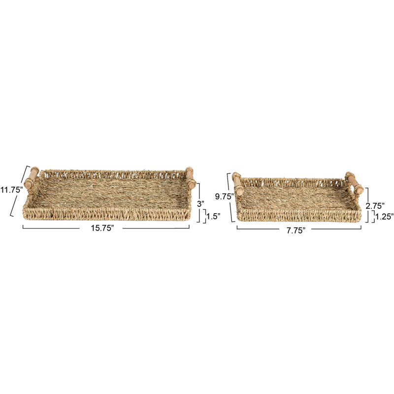 Natural Seagrass and Wood Rectangular Serving Tray Set with Handles