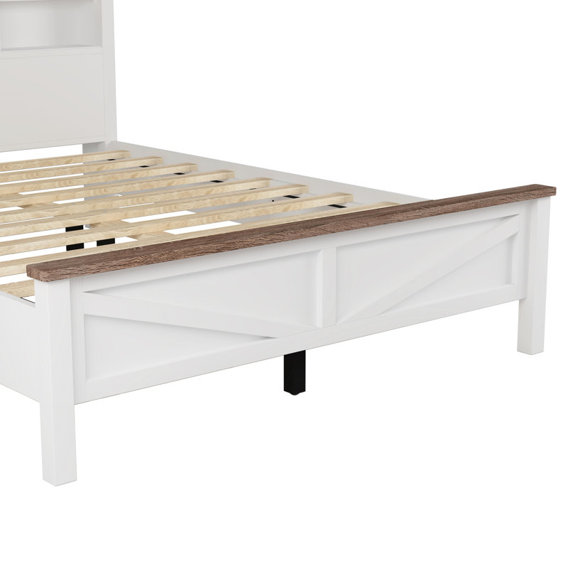 Lit plateforme double en bois rustique pleine grandeur avec porte de grange coulissante double et option de chargement, blanc et brun, tête et station à lattes, taille, support à lattes