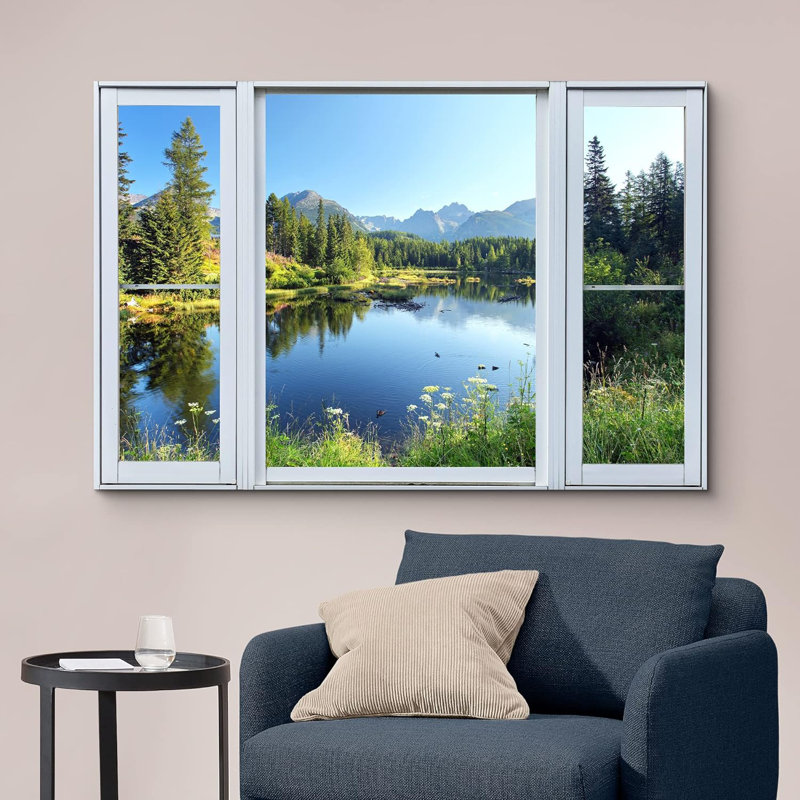 Fenêtre de paysage «Window View Spring Spring Blooming Flower Lake Forest Nature Scenic Landscape» sur toile
