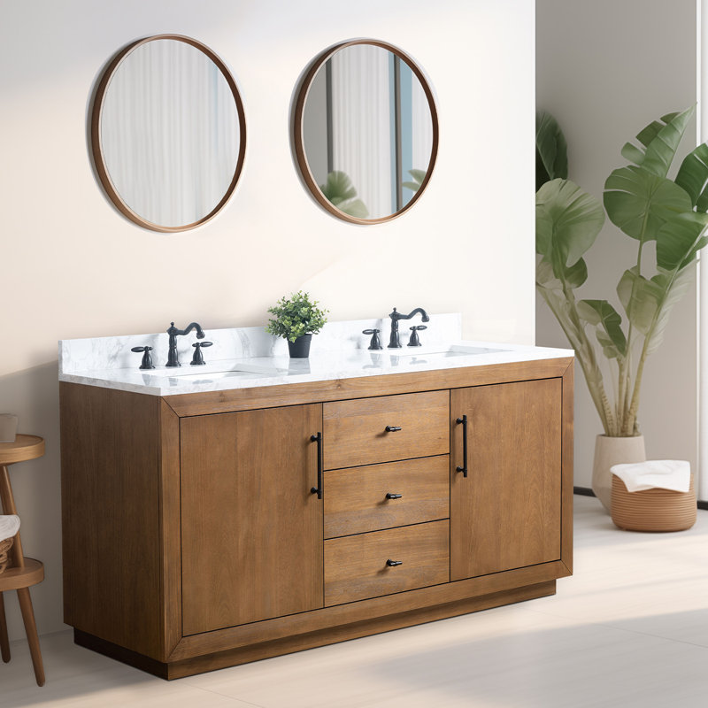 Ensemble de meuble-lavabo autoportant à double cuve 72 po avec plateau en marbre Avignon, Blanc Arabescato, Tanné, 72"
