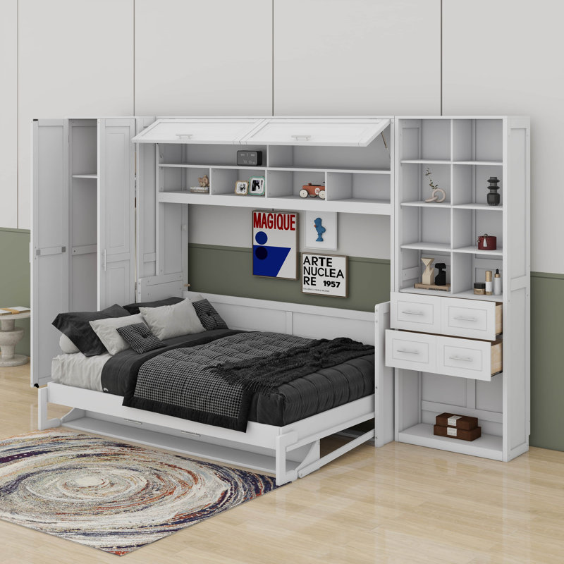 Lit escamotable double avec placard, tiroirs et tablettes