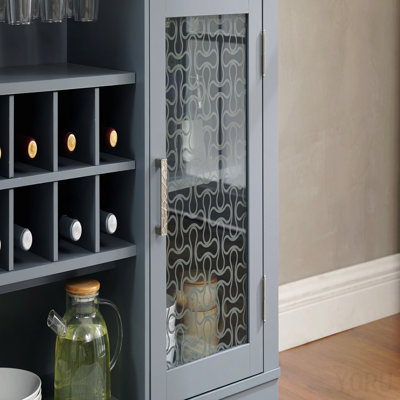 56.5" Farmhouse Buffet/Coffee Bar, Glass Doors, Wine Rack, Drawer - Light Blue/Oak
