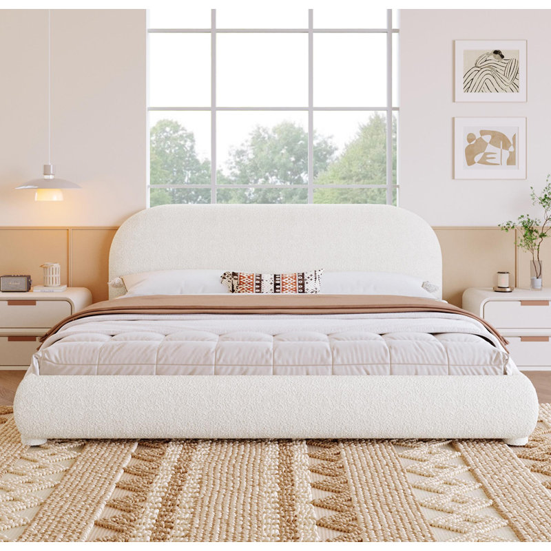 Lit tapissier en tissu de style crème, lit double simple de style moderne, très grand lit, Crème, crème, Très grand lit