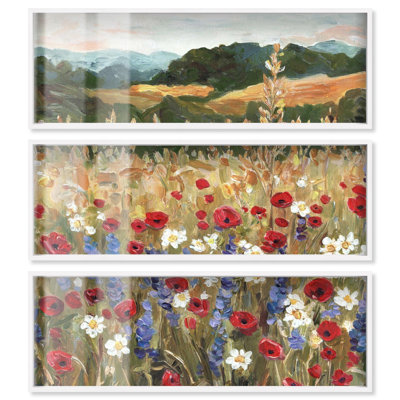 Joyful Bloom - Ira Comleva Gainsborough, grande reproduction sous verre en trois parties par Art Remedy, cadre blanc, 48 x 16 pouces