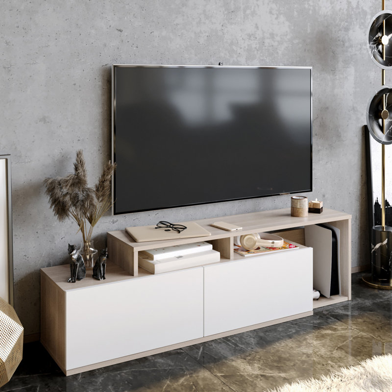 Modern TV Stand with Wall-Mount Option, Cordoba & White, 59.0 x 16.9 x 13.9 inches | 100% Melamine Coated Particle Board, 0.7 inches Thick | Multiple Shelves for Storage, Stylish & Functional Design