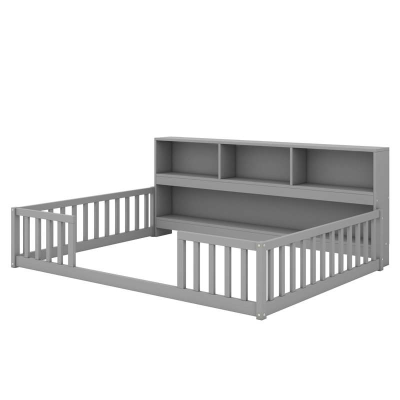Lit double à profil bas avec bibliothèque et tablettes intégrées, gris