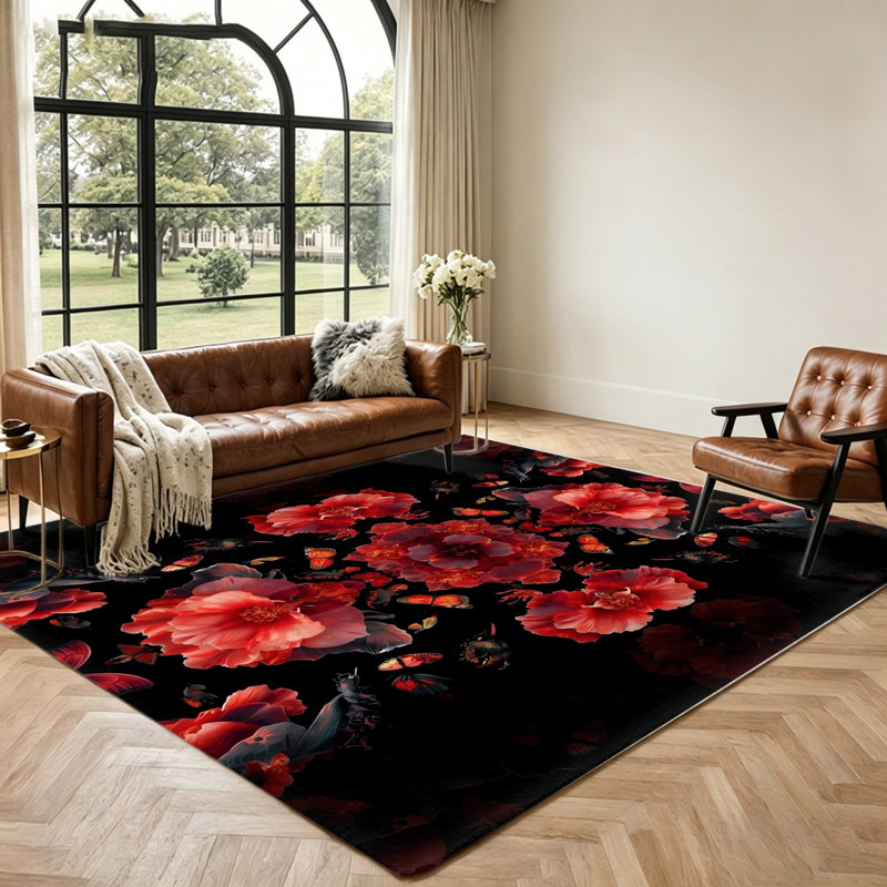 Stunning Floral Butterfly Print Area Rug, Soft & Comfortable Indoor Floor Mat for Living Room, Bedroom, Home Decor