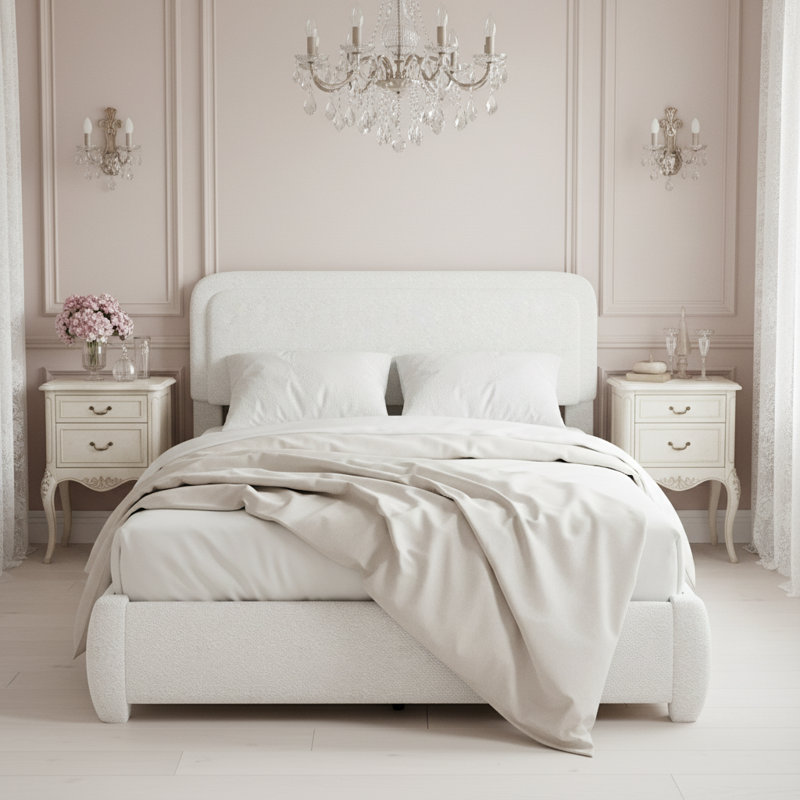 Cadre de lit plateforme moderne et bas pour lit Queen Size, avec tête de lit carrée à hauteur réglable, sans sommier, couleur blanche