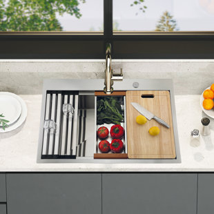 30 po Évier de cuisine à poser sur plan de travail, bol simple en acier inoxydable 304 avec planche à découper, support à enrouler, plateau de drainage, grille inférieure et ensemble de drain