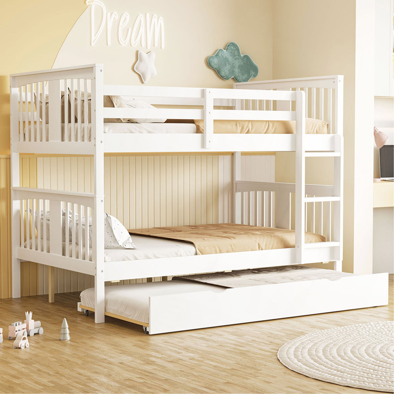 Lit superposé double au-dessus de double avec lit gigogne simple et échelle, Blanc