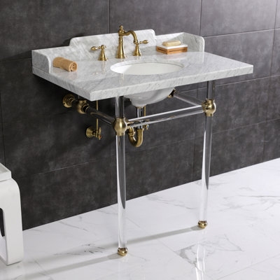 Kingston Brass Pemberton 36-Inch Carrara Marble Console Sink with Acrylic Legs (8-Inch, 3-Hole)
