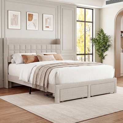 Lit tapissier avec 2 tiroirs de pied de lit, plateforme de lit moderne avec tablette de tête de lit et sacs de rangement