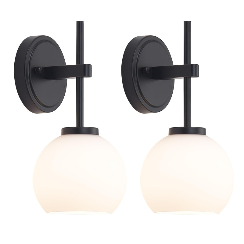 Black Wireless Rechargeable Wall Sconces with Remote Control, Battery Operated Wall Sconce Set of 2, LED Dimmable Wall Lights with Opal White Glass Shade, 12 Colors RGB & 3 CCT Bulb