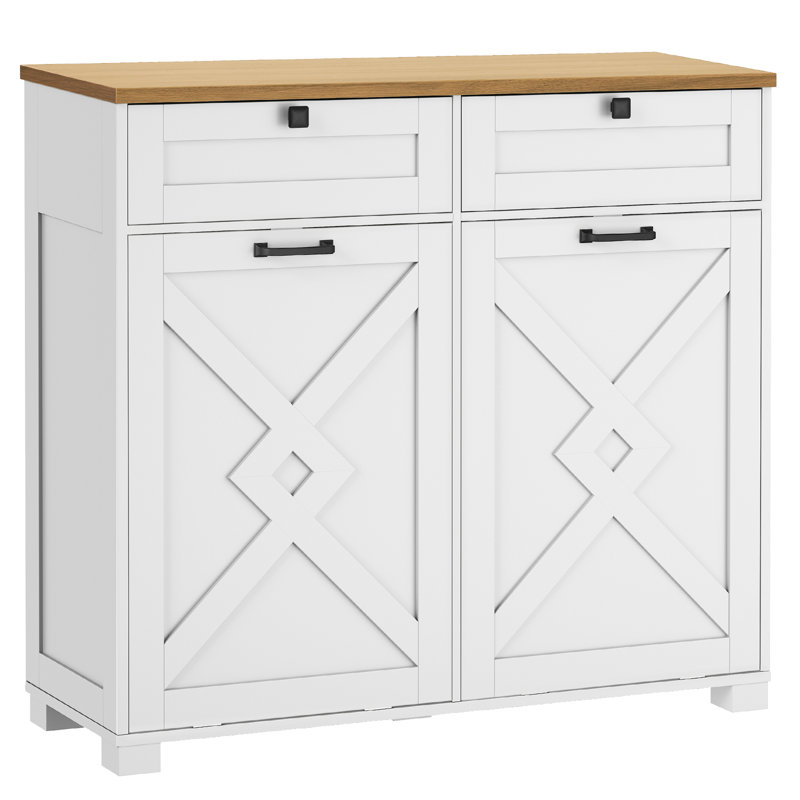 Double Tilt-Out Laundry Hamper Cabinet, 2 x 13.6 Gallon Laundry Basket, Hidden Laundry Hamper Storage Cabinet with 2 Drawers for Laundry Room