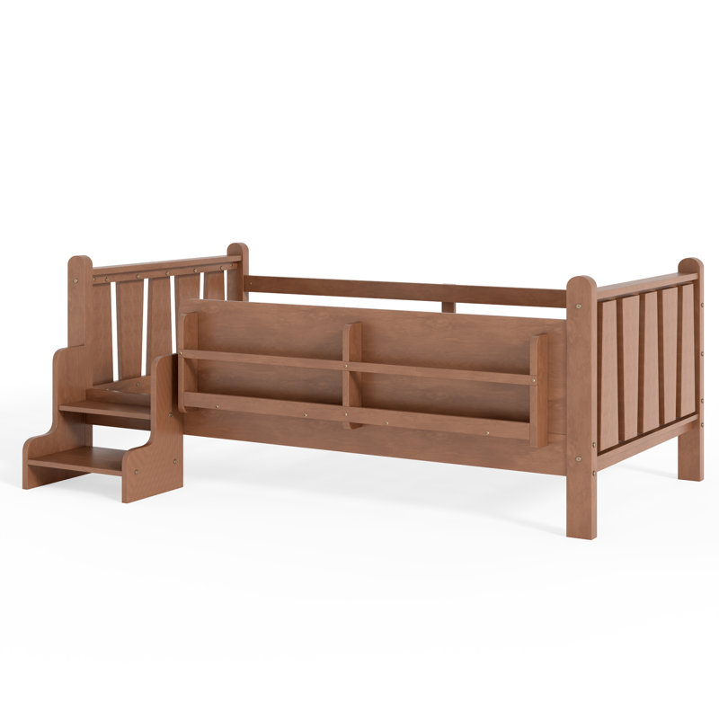 Lit simple pour enfants en bois massif avec bibliothèques de rangement, escaliers et garde-corps, aucun lit sommier nécessaire, lit plateforme Montessori, naturel