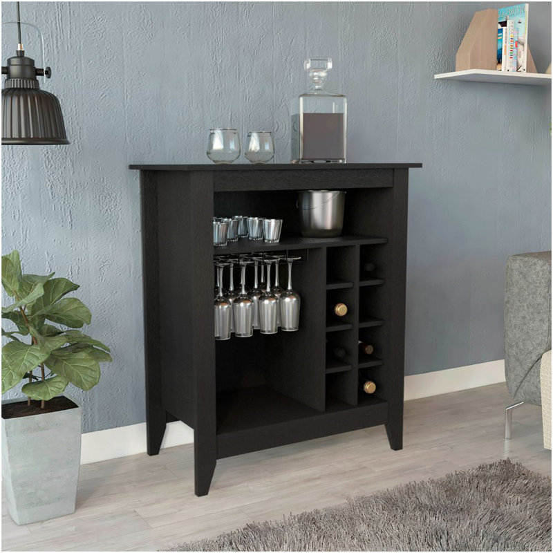 Armoire de bar Essential, une tablette ouverte, six supports à vin intégrés, un tiroir - noir, Noir