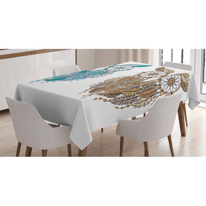 Ambesonne Owl Tablecloth, Dreamcatcher Style Owl Features Magic Farsighted Birds Print, Rectangular Table Cover For Dining Room Kitchen Decor, 52" X 70", Cream White Teal