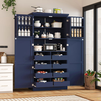 Garde-manger autoportant de 35,5 po x 17,6 po x 70,9 po, armoire de rangement haute avec 4 portes, 2 tablettes de porte, 8 plateaux coulissants et tablette réglable pour la salle à manger