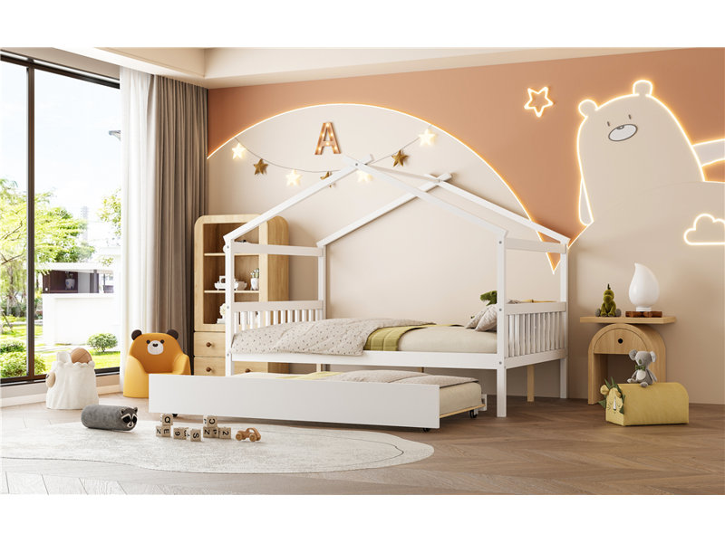 Lit double en bois avec lit gigogne simple, blanc, Blanc