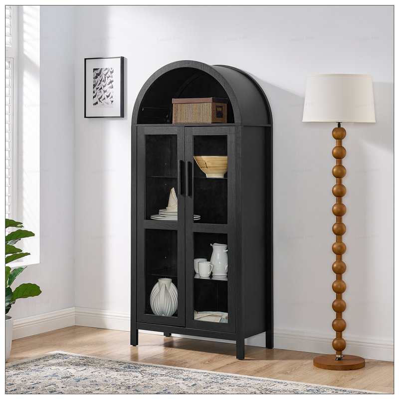Modern Retro-Style Wooden Storage Cabinet With Adjustable Glass Partitions And High Arched Design For Multi-Functional Kitchen Use
