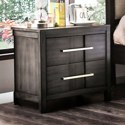 Gray Contemporary Transitional 1Pc Nightstand, 2 Drawers, Felt - Lined Top, Solid Wood And Simple Setup For Bedroom Bedside Table In Style, Nickel Bar Pull Use