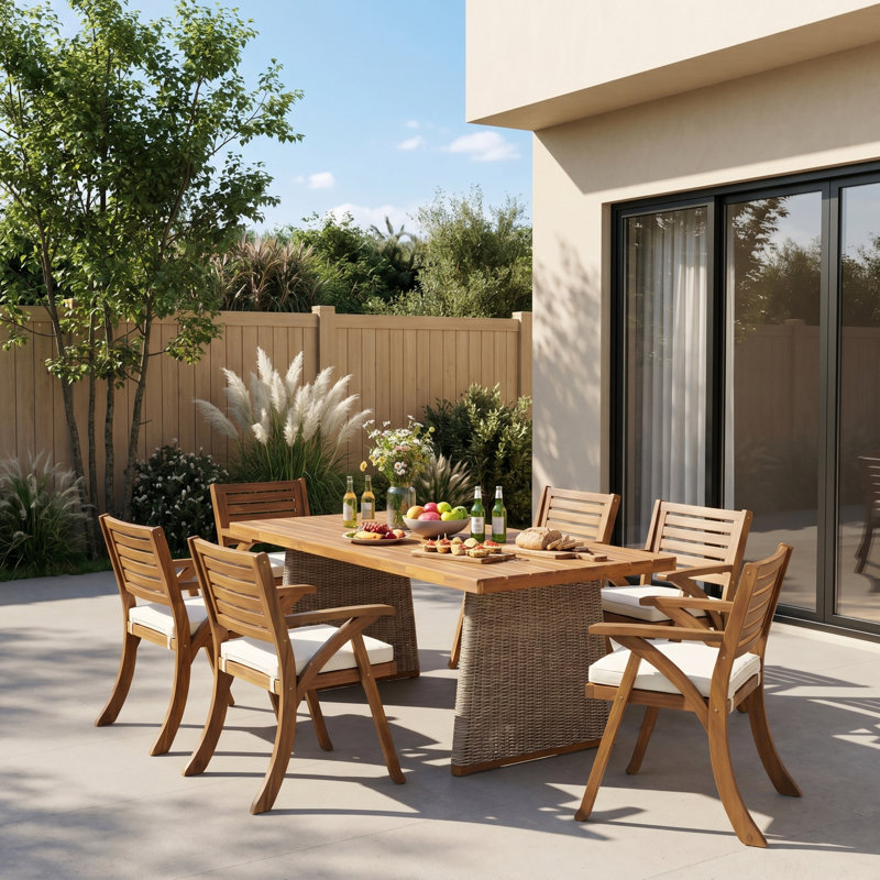 Tidehaven 7-Piece Coastal Acacia Wood Patio Dining Set With 6 Slatted Chairs, PE Wicker Base & Water-Repellent Cushions