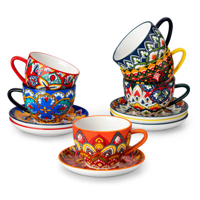 Ensemble de 6 tasses et soucoupes à café en céramique colorée de style bohème Vancasso (12 pièces), tasses à cappuccino empilables de 24 cl, compatibles lave-vaisselle, micro-ondes et four, service à thé raffiné avec décor décoratif.