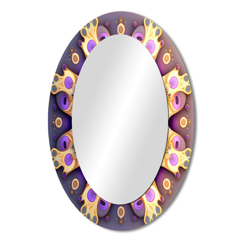 Ethereal Fractal Mandal In Purple And Yellow - Geometric Oval Decorative Mirror On Metal, 36" x 24"
