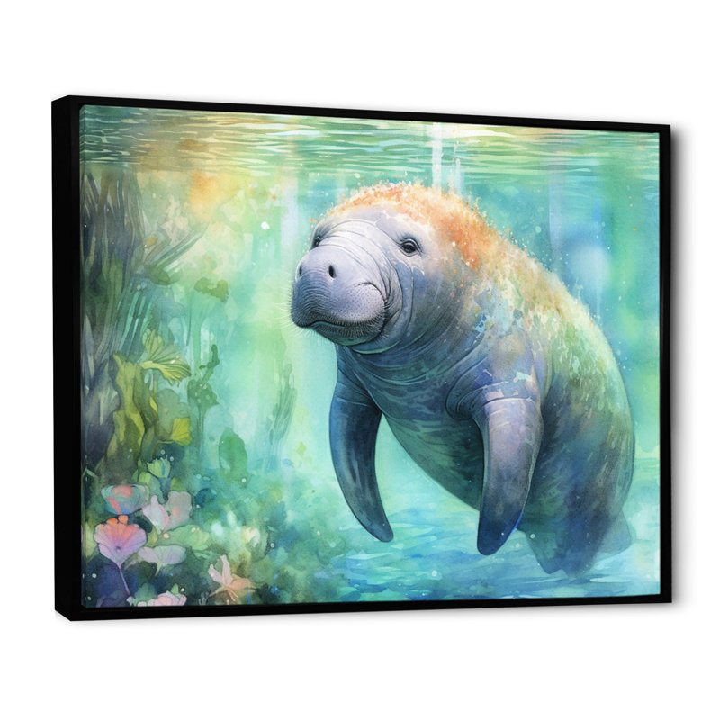 Gentle Manatee II - Art mural de lamantin pour le salon, H 16 po x l 32 po x P 1 po, Cadre flottant noir