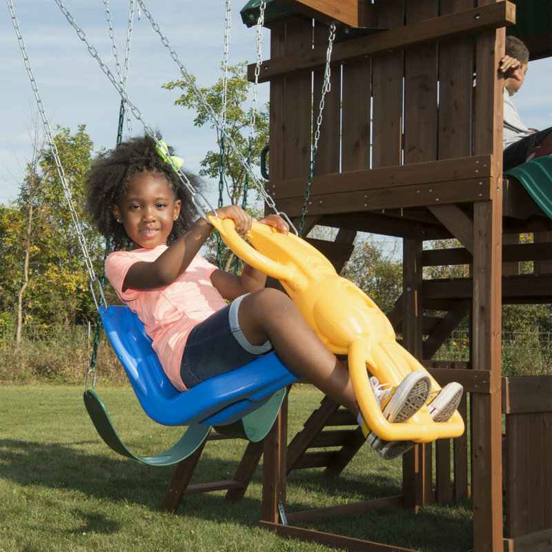 Fox Run Wooden Swing Set with 2 Slides, Swings and Climbing Wall