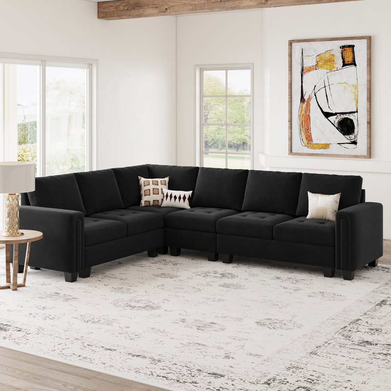 Shavera 5-Piece Velvet Upholstered Sectional Couch L Shaped Corner Modular Sofa 5-Seat Livingroom Apartment Couch