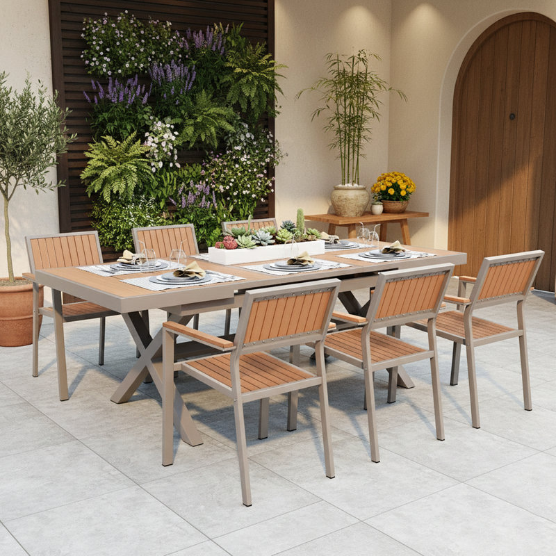 Experience Outdoor Dining Freedom With A Flexible Set Including Six Chairs And A Table That Extends From 62.9 To 82.6 Inches For Personalized Arrangements