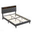 Base de lit tapissier pour grand lit avec tête de lit en tissu de lin touffeté à boutons, ports USB, station de charge pratique, deux poches latérales, ne nécessite pas de sommier, gris foncé-1989495486-1989495489