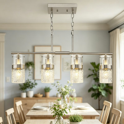 Lustre 4 lumières en nickel brossé pour îlot de cuisine, luminaire suspendu Mid-Century avec abat-jour en verre martelé, luminaire de salle à manger maison de campagne, luminaire suspendu linéaire pour îlot de cuisine