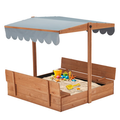 Kids Sandbox with Lid, Outdoor Wooden Sand Box with Adjustable UV-Resistant Roof, 2 Foldable Bench Seats, and Bottom Liner for Ages 2-8, Perfect for Backyard or Beach