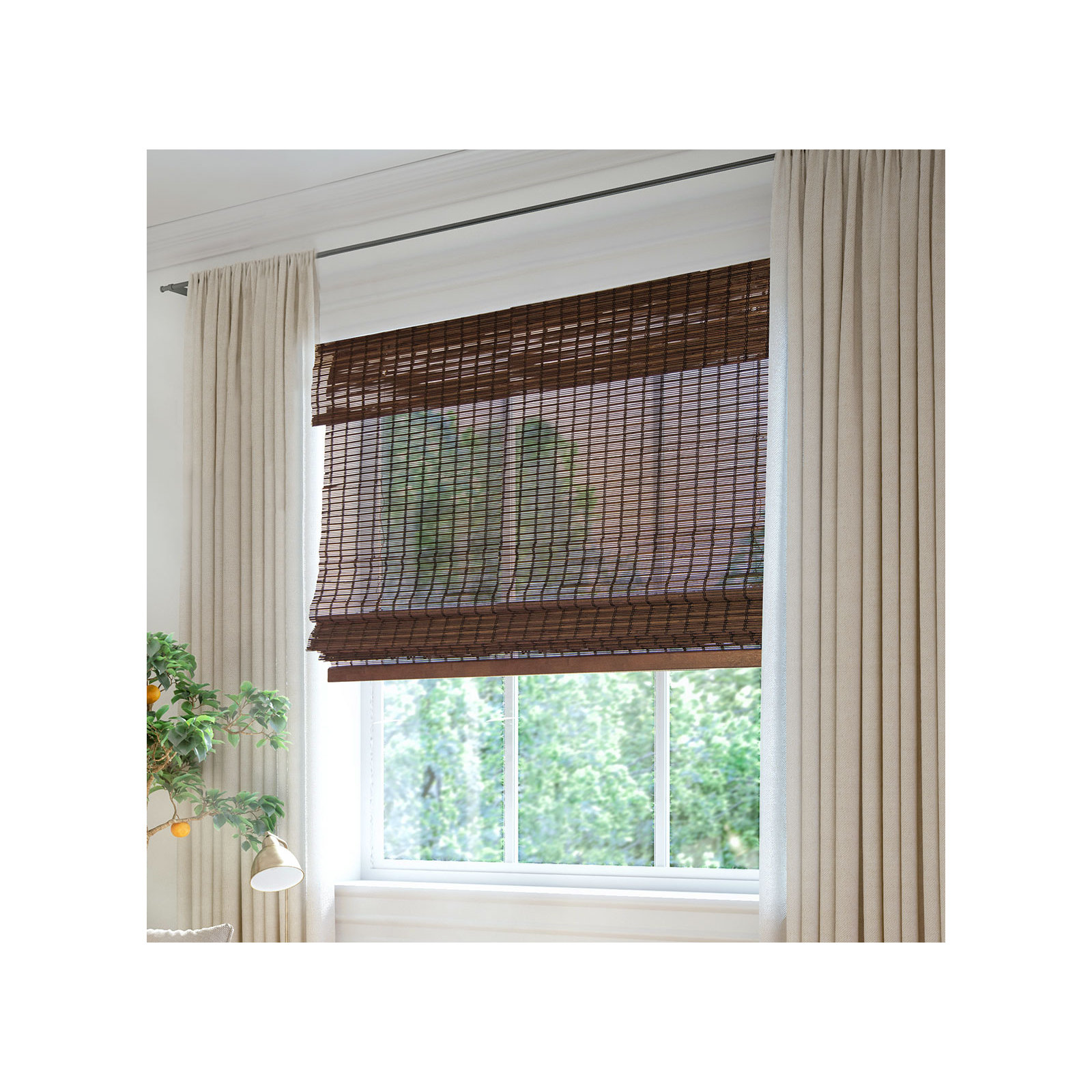 Cordless Light Filtering Woven Wood Bamboo Roman Shade with Valance, Gray, 29"W x 64"L