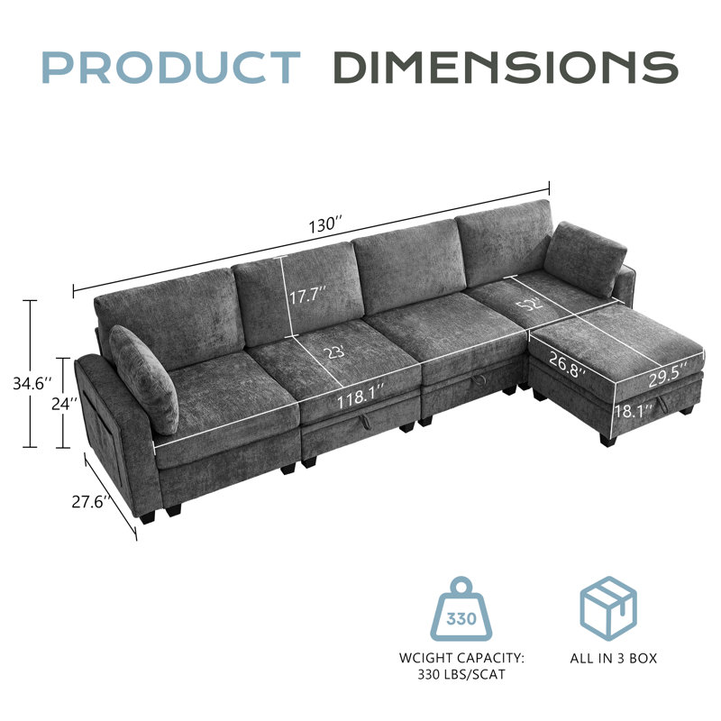 130" Modular Sectional Sofa With Storage, Oversized L Shape Convertible Cloud Sofa Sectional Couches For Living Room Comfy Chenille Deep Seat Couch With Chaise