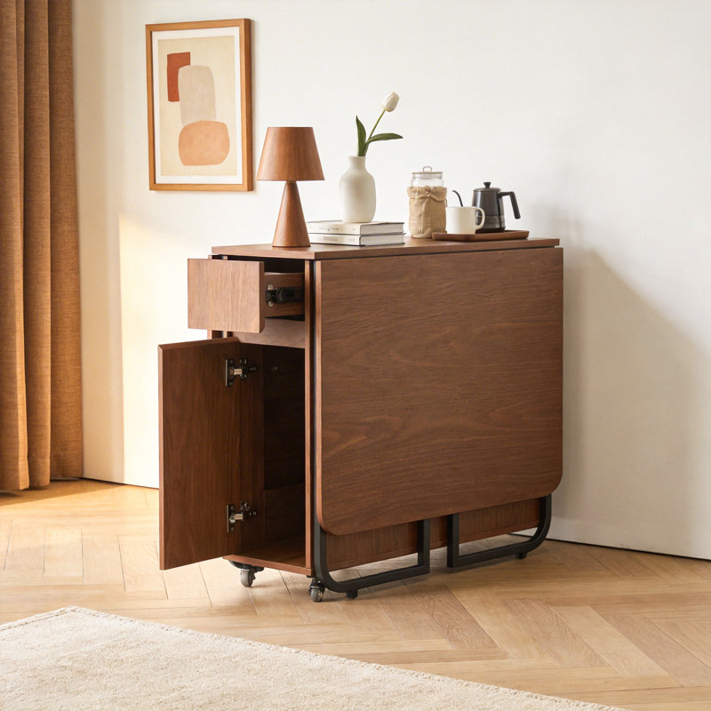 Mid-Century Wood Folding Dining Table, 150cm Walnut with Casters, 2 Drawers and Legs