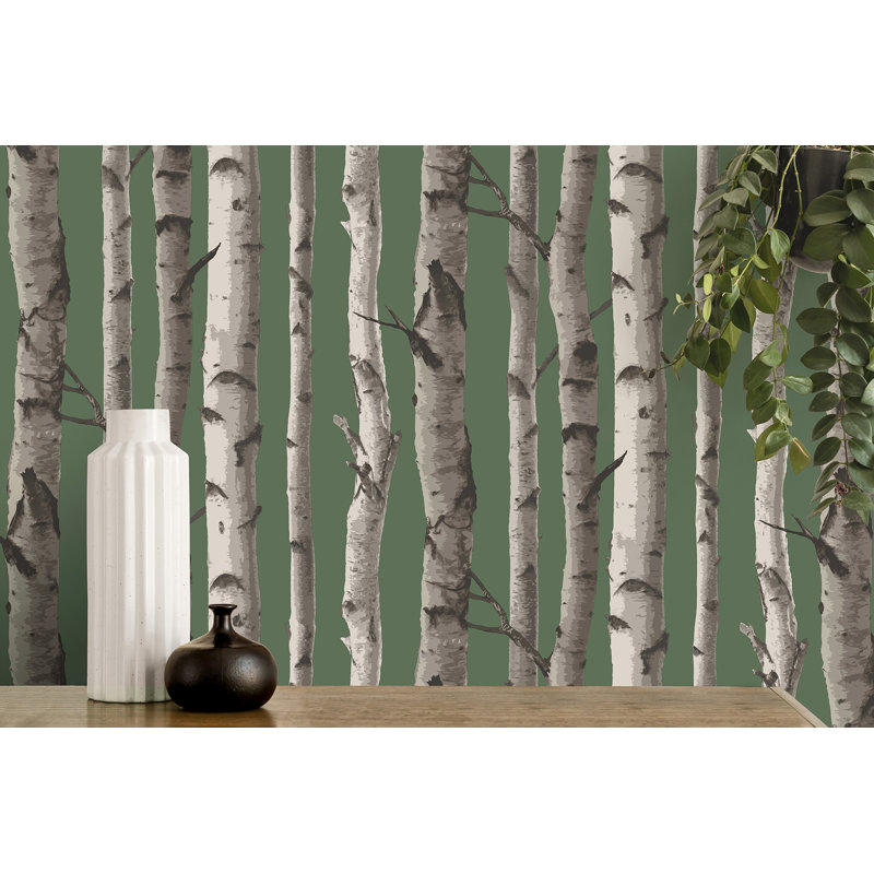 Birch Trees Blue Wallpaper, Green